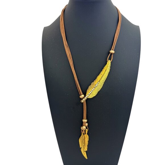 Multistrand Cord Necklace with Gold Tone Feather/Leaf Dangles/Elements - Picture 1 of 5